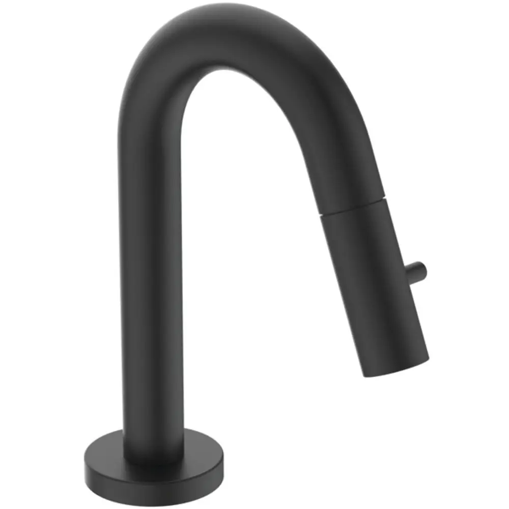 Schwarzes Standventil mit geschwungenem Design und einem seitlichen Hebel, hergestellt von Ideal Standard.